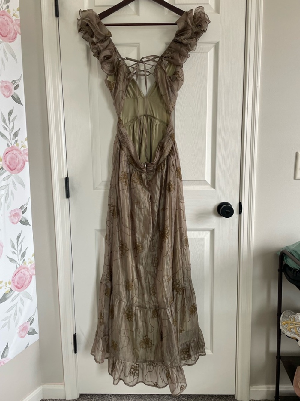Storia Backless Corset Ruffled Maxi Dress in Olive-Taupe-Gold Wedding Guest READ - Picture 4 of 13